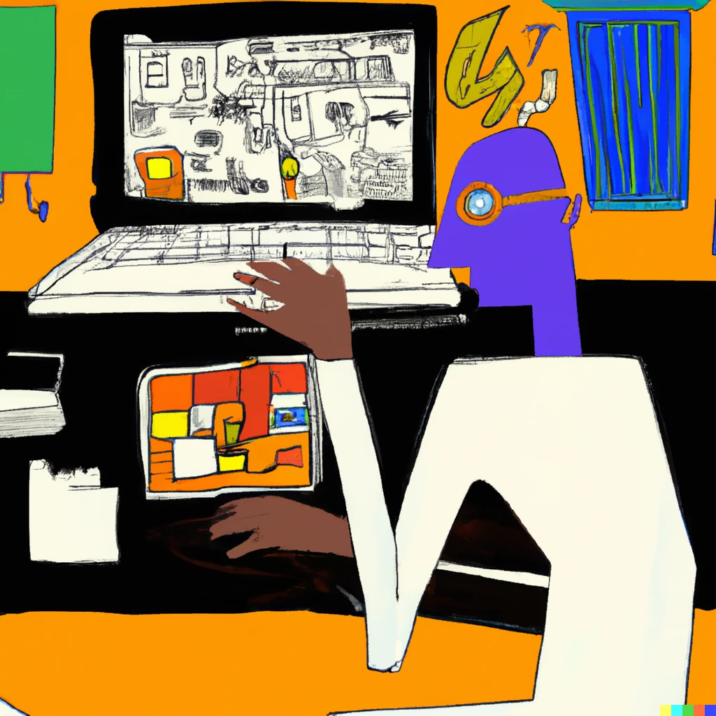 A man working with a tablet and laptop computer. Image inspired by Basquiat style