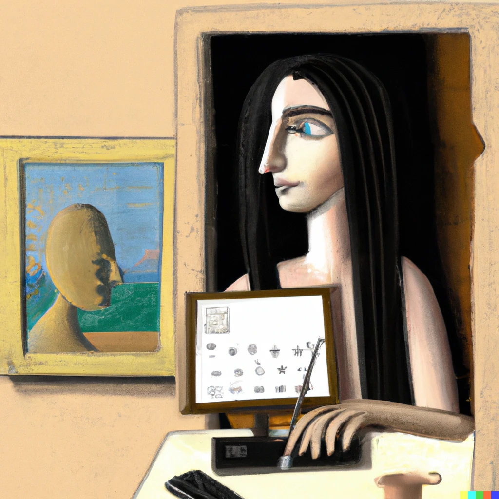 Computer portrait of a woman at work. Inspired by the paintings of Giorgio De Chirico