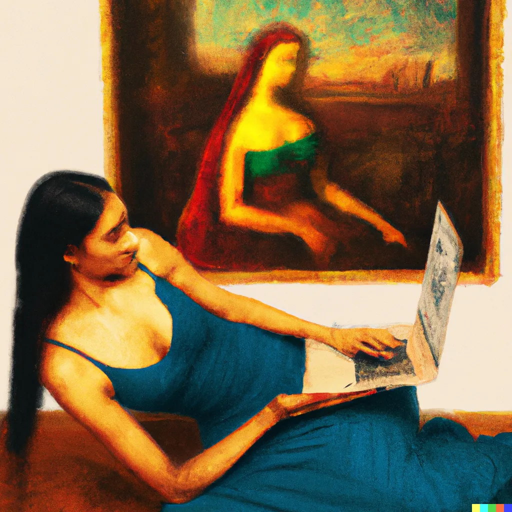 Donna con il portatile. Ispirato ai dipinti di Andrea Mantegna