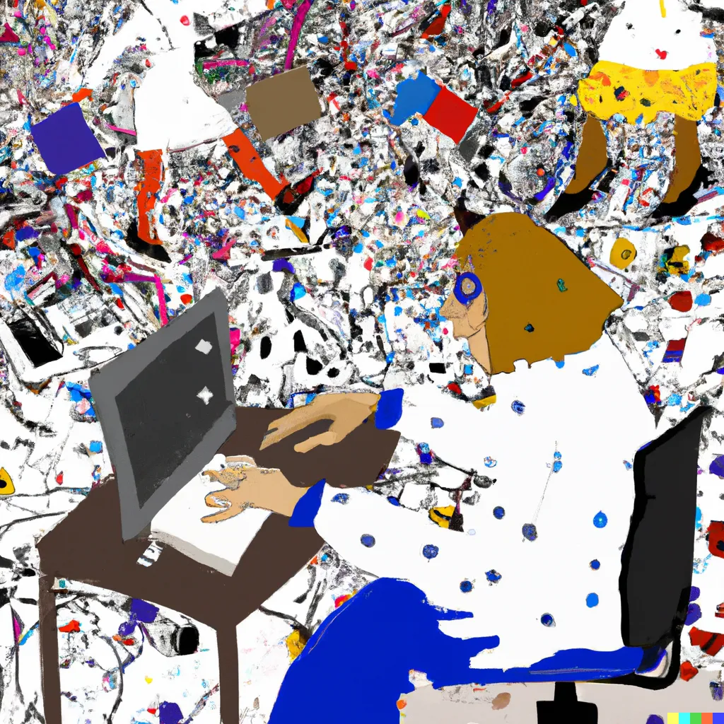 drawing inspired by Jackson Pollock's paintings in which a man works on a computer among colleagues