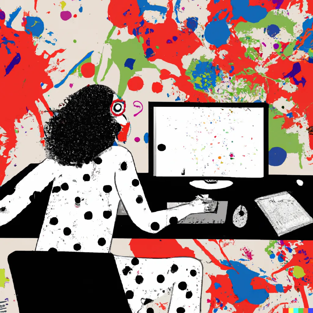 woman working with computer. drawing inspired by the drawings of Jackson Pollock