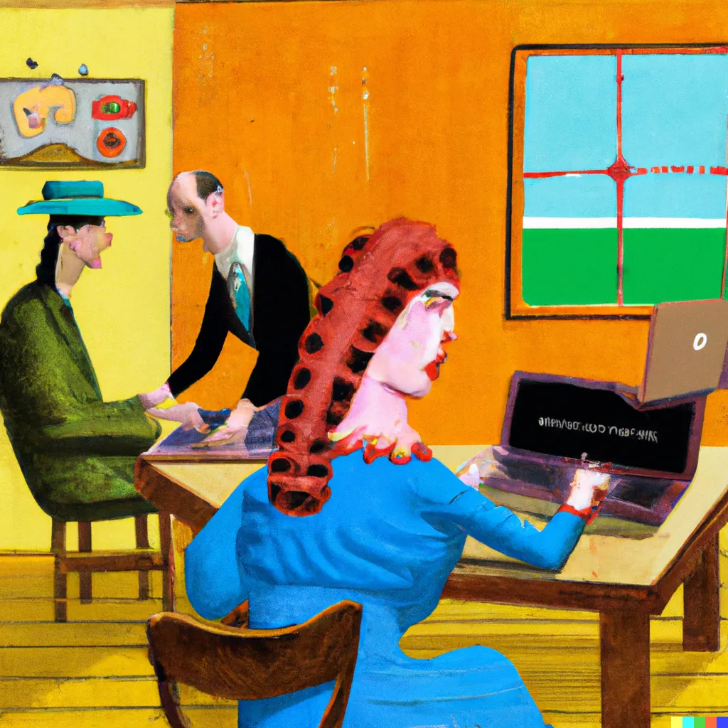 drawing inspired by the paintings of Mario Sironi. Woman with laptop