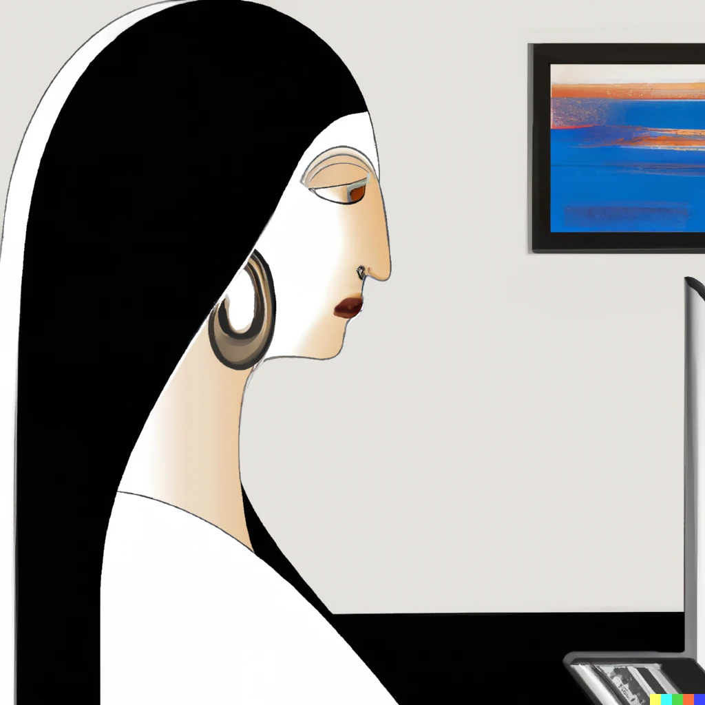  "Woman at the computer working with the internet" inspired by the paintings of Amedeo Modigliani