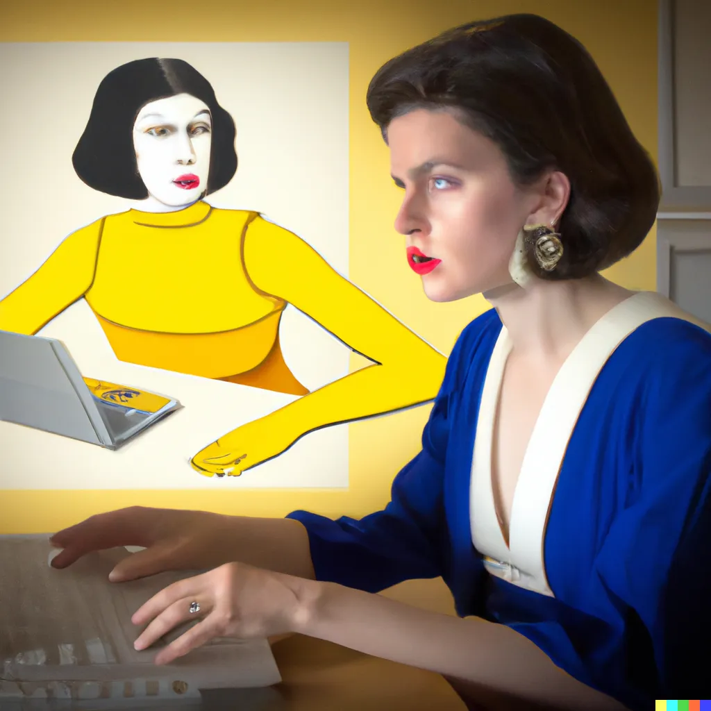 Woman with laptop. Inspired by the paintings of Giorgio De Chirico