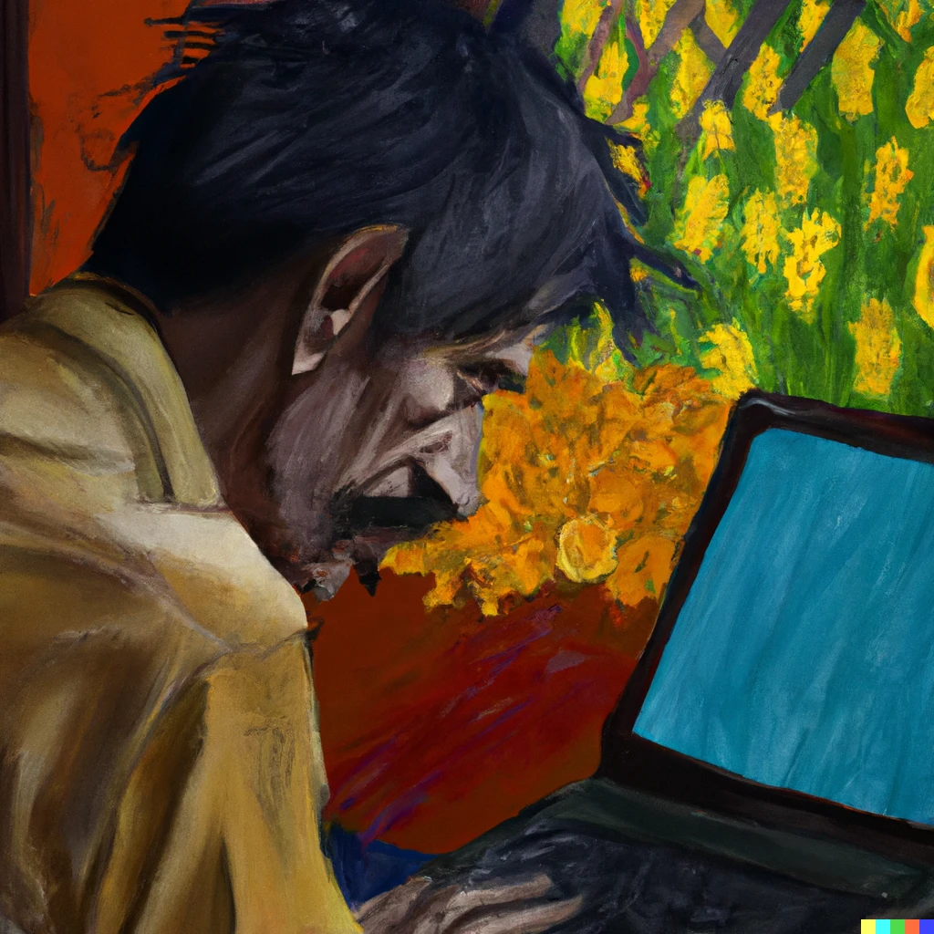 A Van Gogh-inspired painting of a man at a laptop