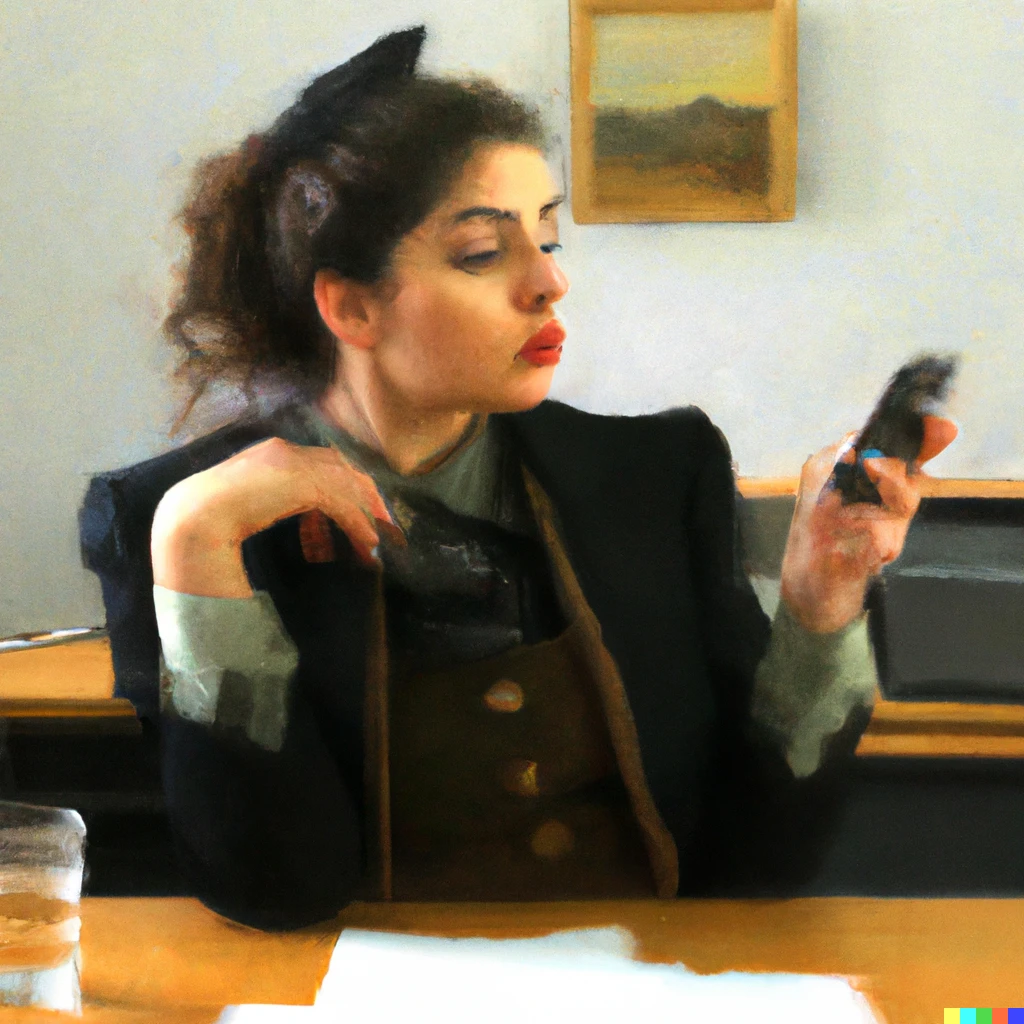 Woman on cell phone.  Drawing inspired by Gustave Courbet