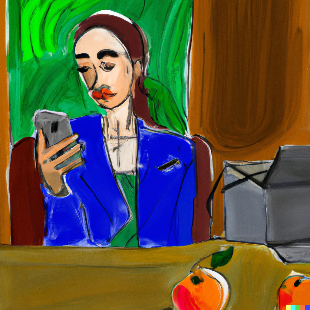 A woman taking a selfie in the office. Drawing inspired by Paul Cezanne