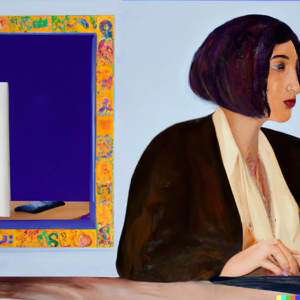 Drawing of woman working with computer inspired by Amedeo Modigliani's paintings.